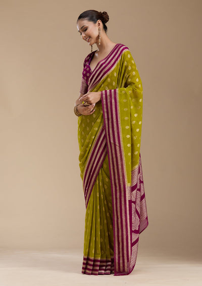 Parrot Green Zariwork (Gold) Georgette Silk_Saree-koskii