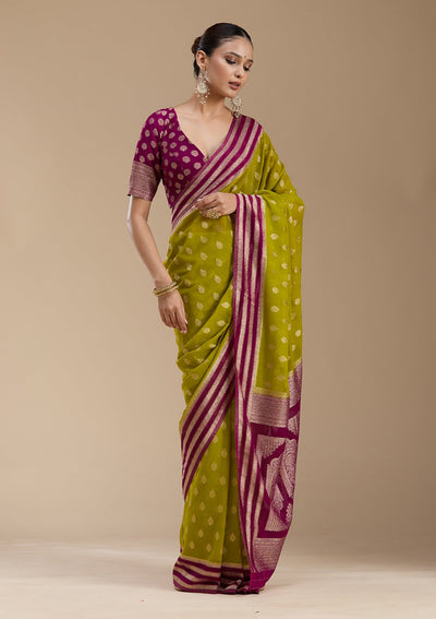 Parrot Green Zariwork (Gold) Georgette Silk_Saree-koskii