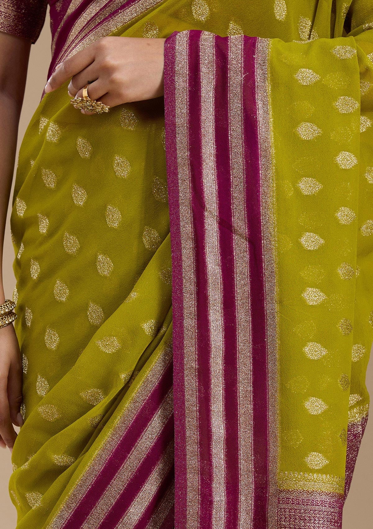 Parrot Green Zariwork (Gold) Georgette Silk_Saree-koskii