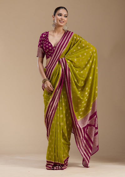 Parrot Green Zariwork (Gold) Georgette Silk_Saree-koskii