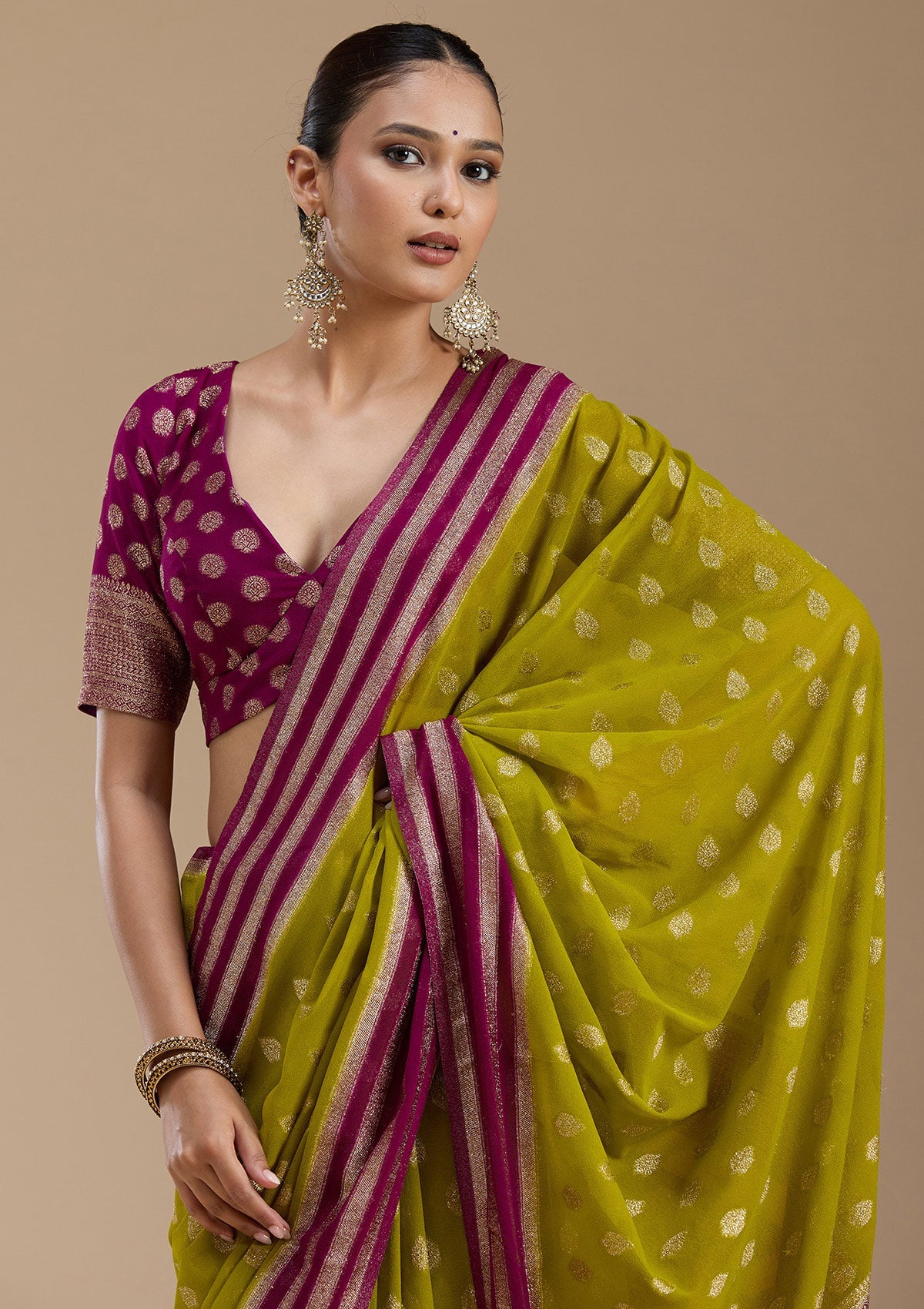 Parrot Green Zariwork (Gold) Georgette Silk_Saree-koskii
