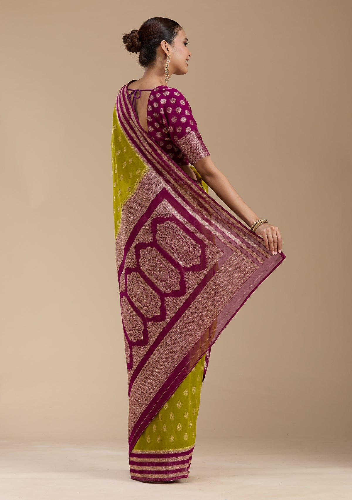 Parrot Green Zariwork (Gold) Georgette Silk_Saree-koskii
