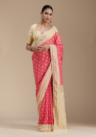 Peach Zariwork (Gold) Georgette Silk_Saree-koskii