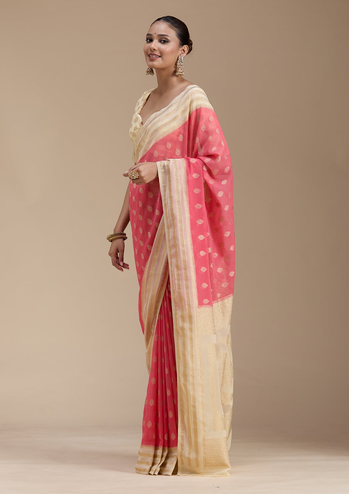 Peach Zariwork (Gold) Georgette Silk_Saree-koskii