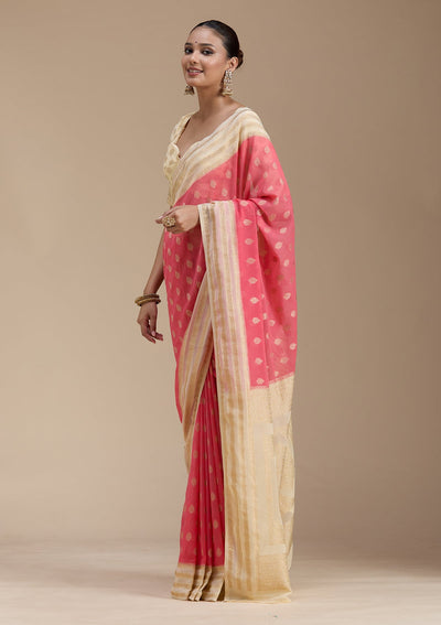 Peach Zariwork (Gold) Georgette Silk_Saree-koskii