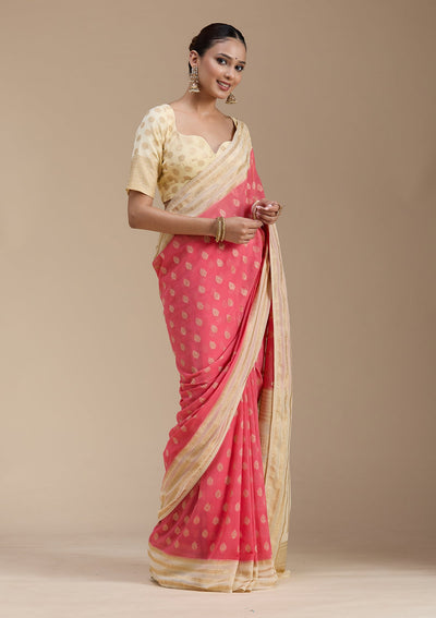 Peach Zariwork (Gold) Georgette Silk_Saree-koskii