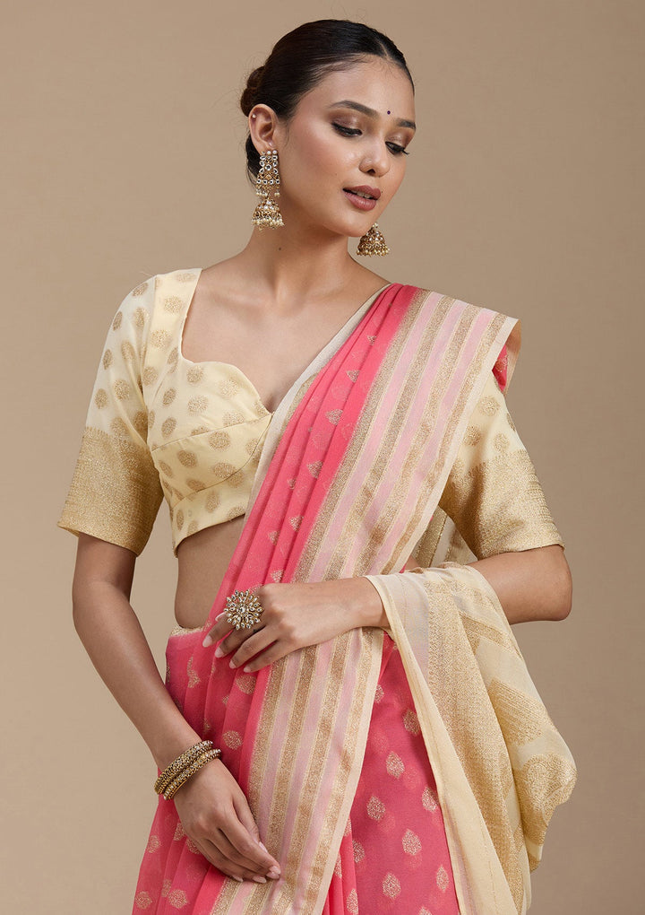 Peach Zariwork (Gold) Georgette Silk_Saree-koskii