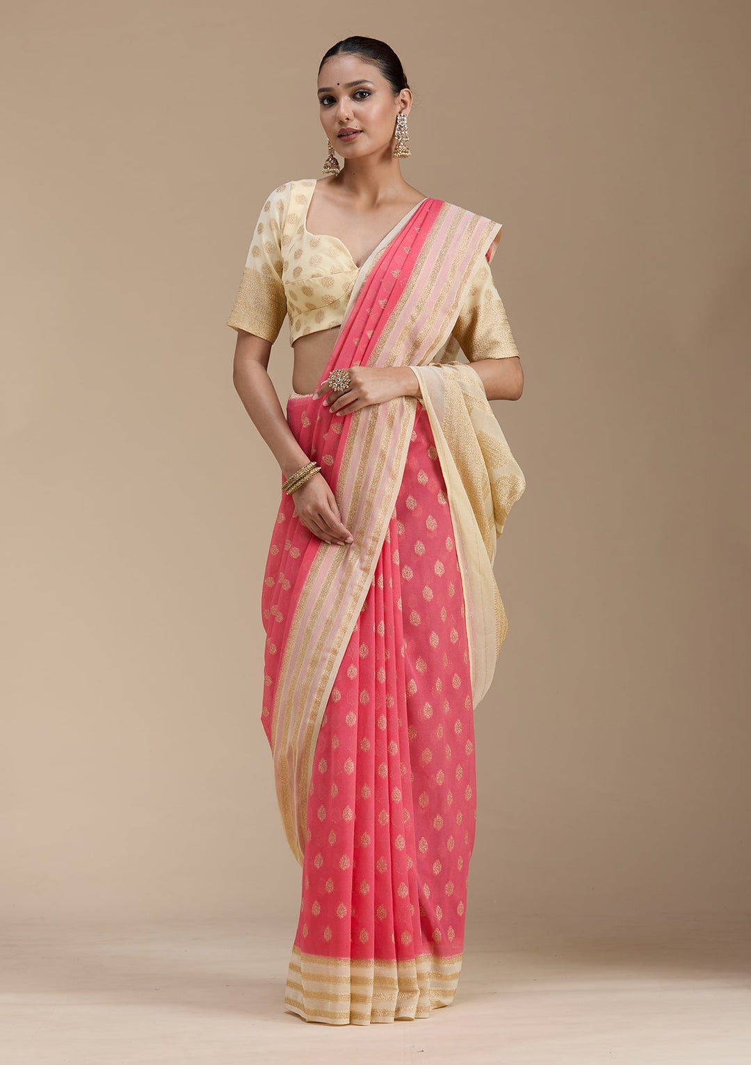 Peach Zariwork (Gold) Georgette Silk_Saree-koskii