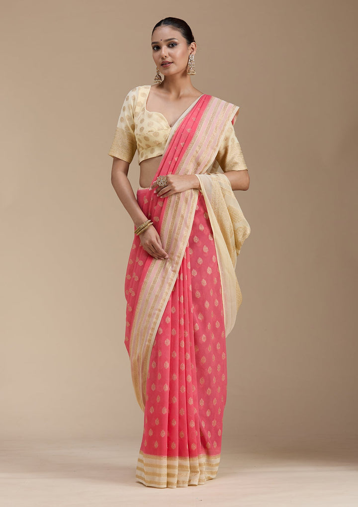 Peach Zariwork (Gold) Georgette Silk_Saree-koskii