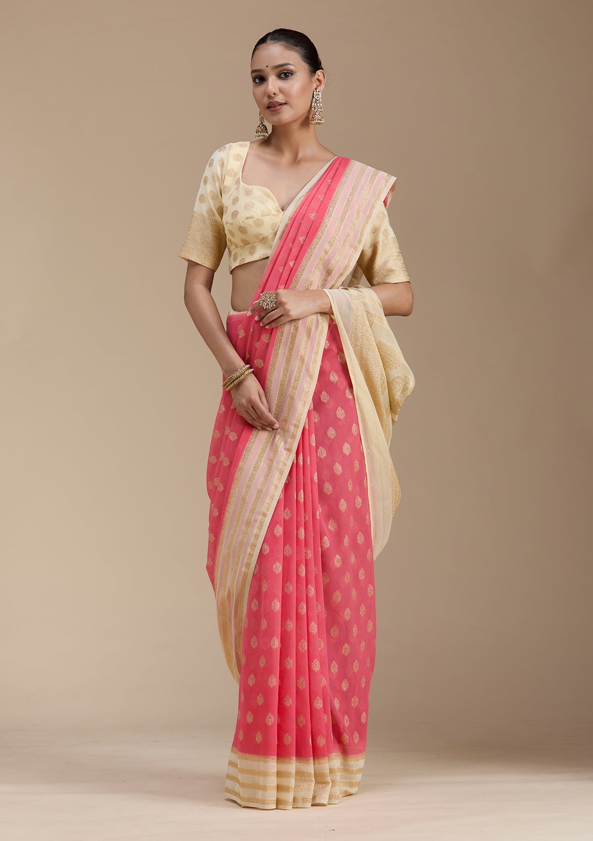 Peach Zariwork (Gold) Georgette Silk_Saree-koskii
