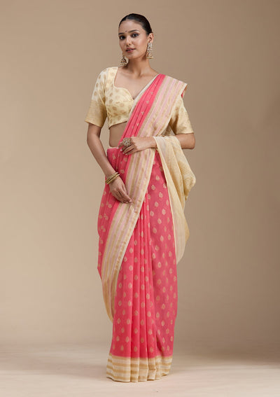 Peach Zariwork (Gold) Georgette Silk_Saree-koskii