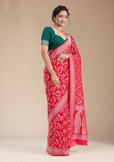 Red Zariwork (Gold) Georgette Silk Saree-koskii
