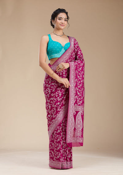 Wine Zariwork (Gold) Georgette Silk Saree-koskii