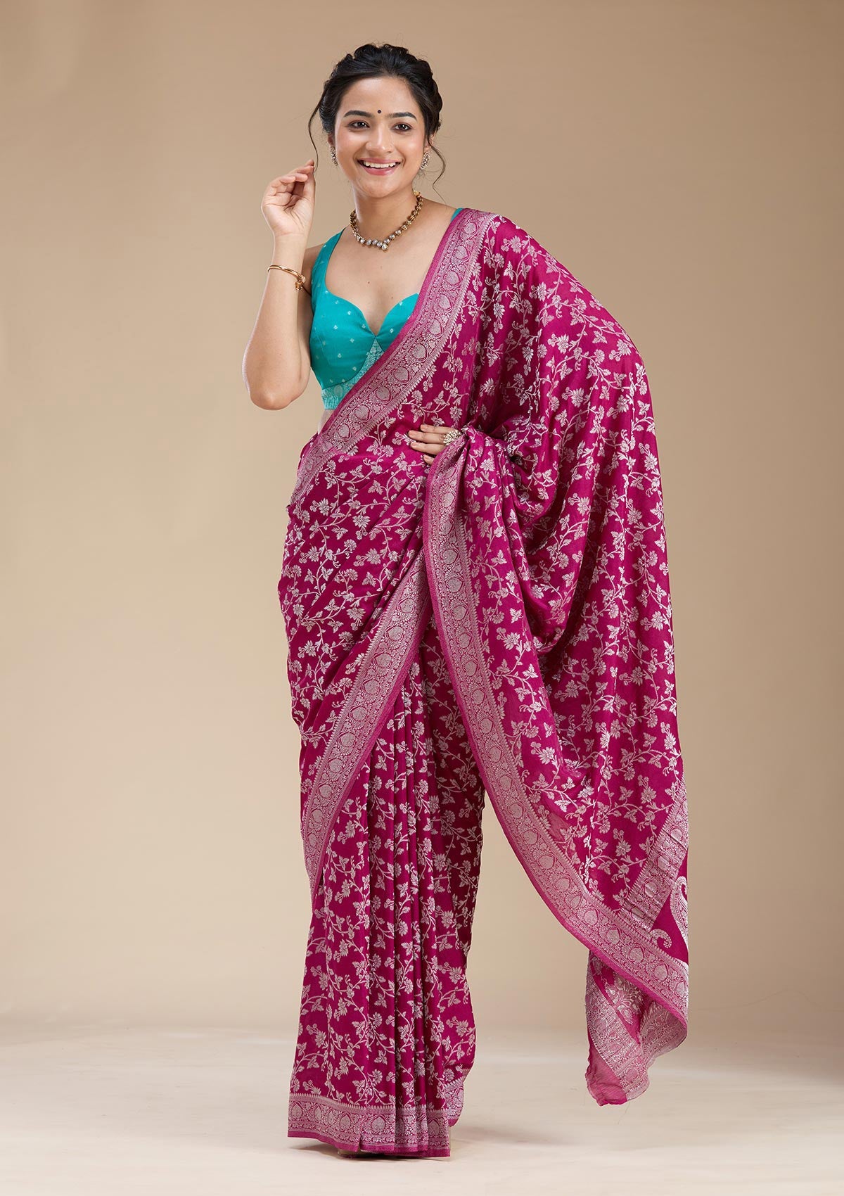Wine Zariwork (Gold) Georgette Silk Saree-koskii