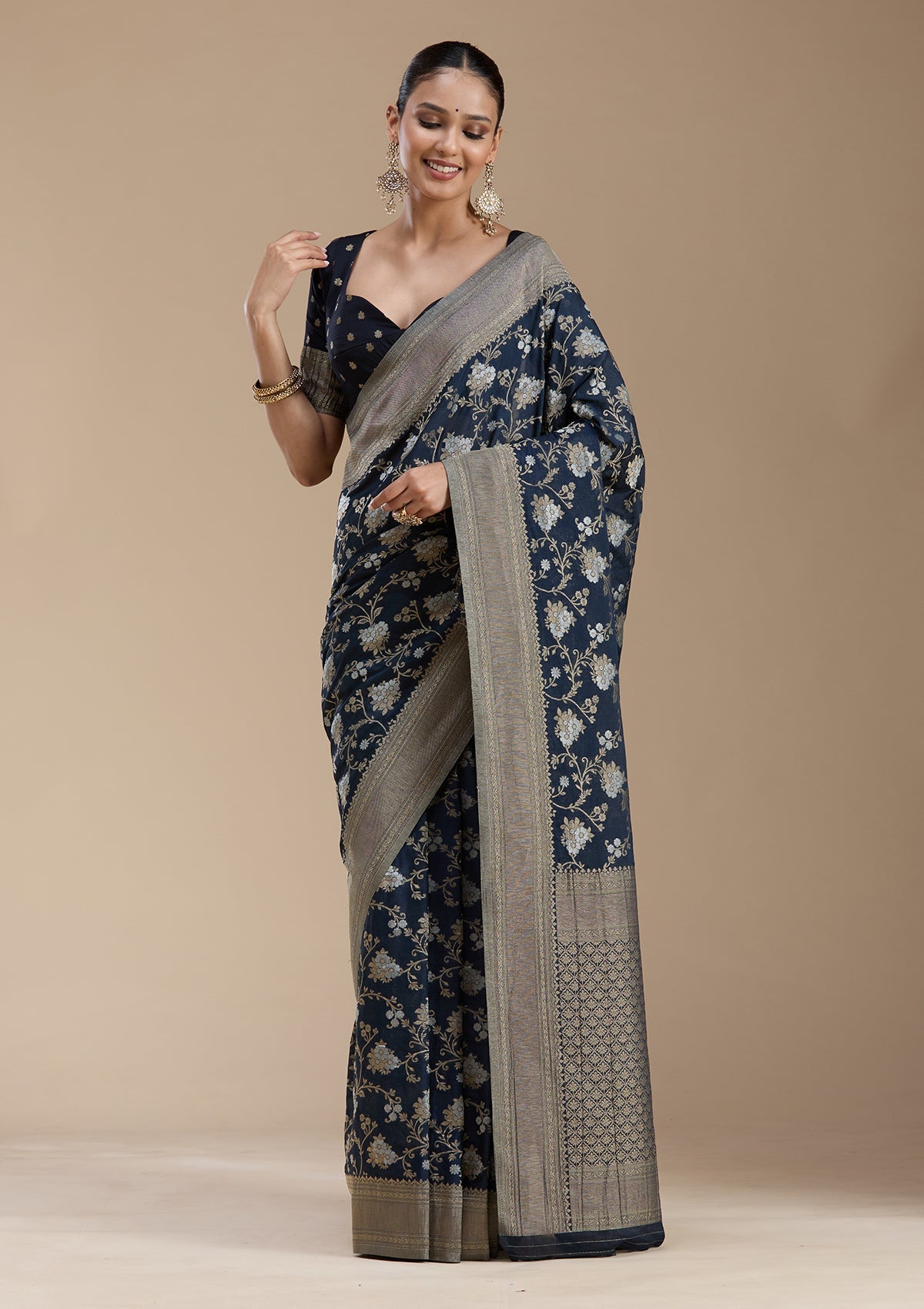 Navy Blue Zariwork (Gold) Georgette Silk_Saree-koskii