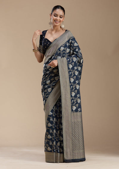 Navy Blue Zariwork (Gold) Georgette Silk_Saree-koskii