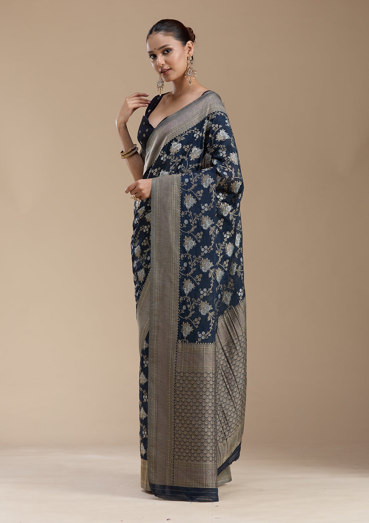Navy Blue Zariwork (Gold) Georgette Silk_Saree-koskii