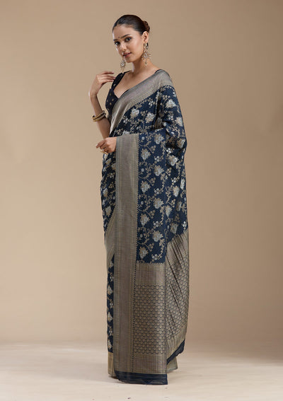 Navy Blue Zariwork (Gold) Georgette Silk_Saree-koskii