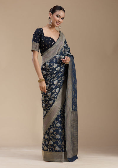 Navy Blue Zariwork (Gold) Georgette Silk_Saree-koskii