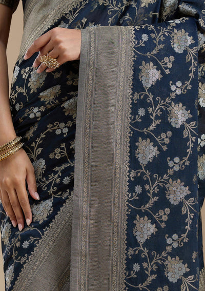 Navy Blue Zariwork (Gold) Georgette Silk_Saree-koskii