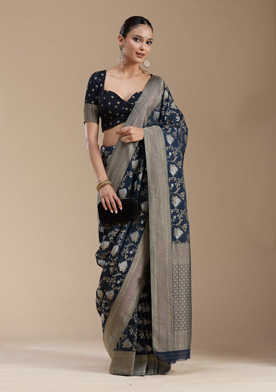 Navy Blue Zariwork (Gold) Georgette Silk_Saree-koskii