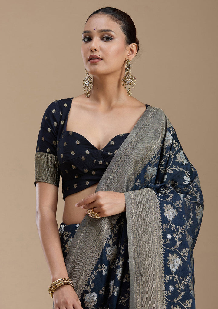 Navy Blue Zariwork (Gold) Georgette Silk_Saree-koskii