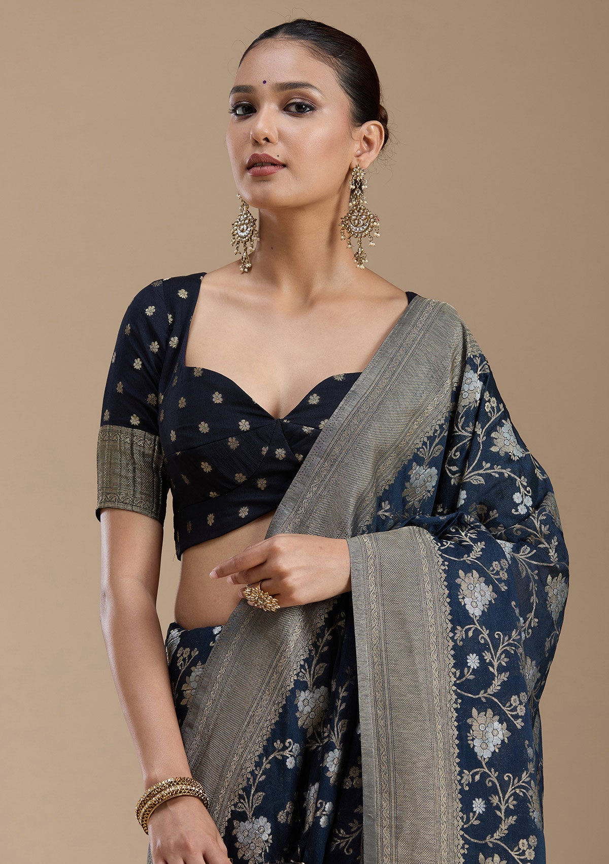 Navy Blue Zariwork (Gold) Georgette Silk_Saree-koskii