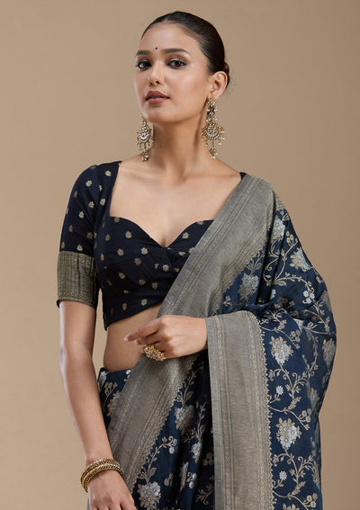 Navy Blue Zariwork (Gold) Georgette Silk_Saree-koskii