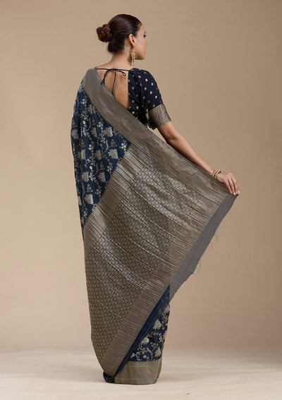 Navy Blue Zariwork (Gold) Georgette Silk_Saree-koskii
