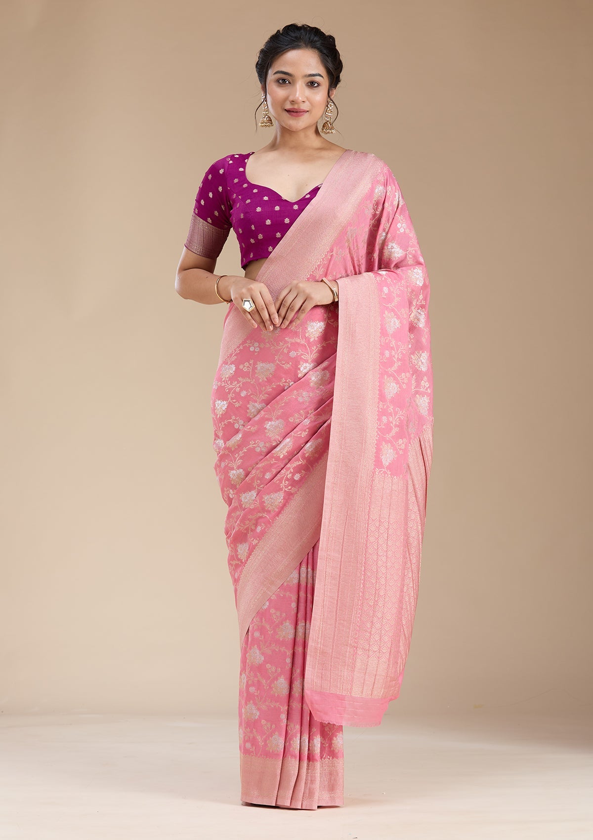 Pink Zariwork (Gold) Georgette Silk Saree-koskii