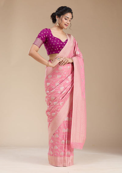Pink Zariwork (Gold) Georgette Silk Saree-koskii