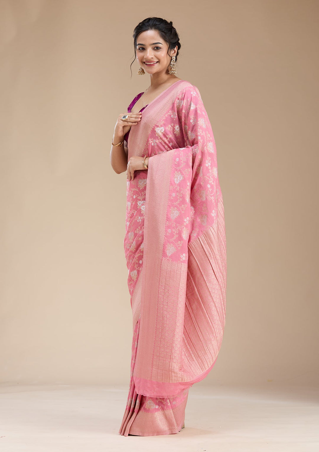 Pink Zariwork (Gold) Georgette Silk Saree-koskii