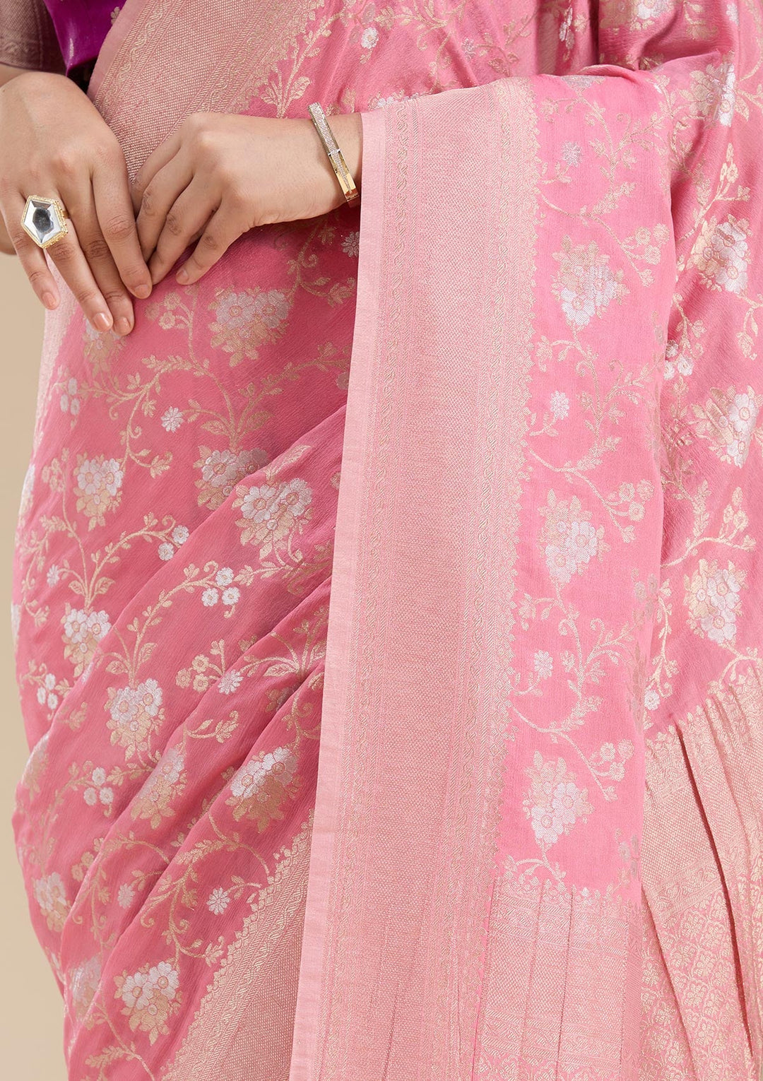 Pink Zariwork (Gold) Georgette Silk Saree-koskii