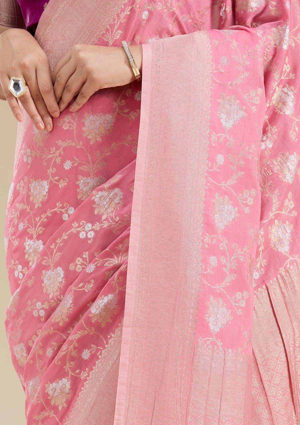 Pink Zariwork (Gold) Georgette Silk Saree-koskii
