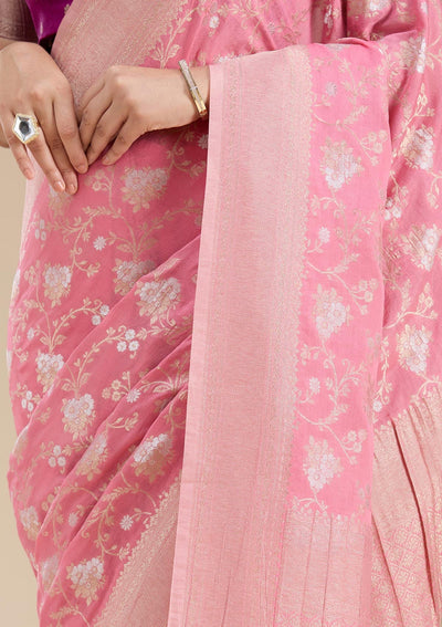 Pink Zariwork (Gold) Georgette Silk Saree-koskii