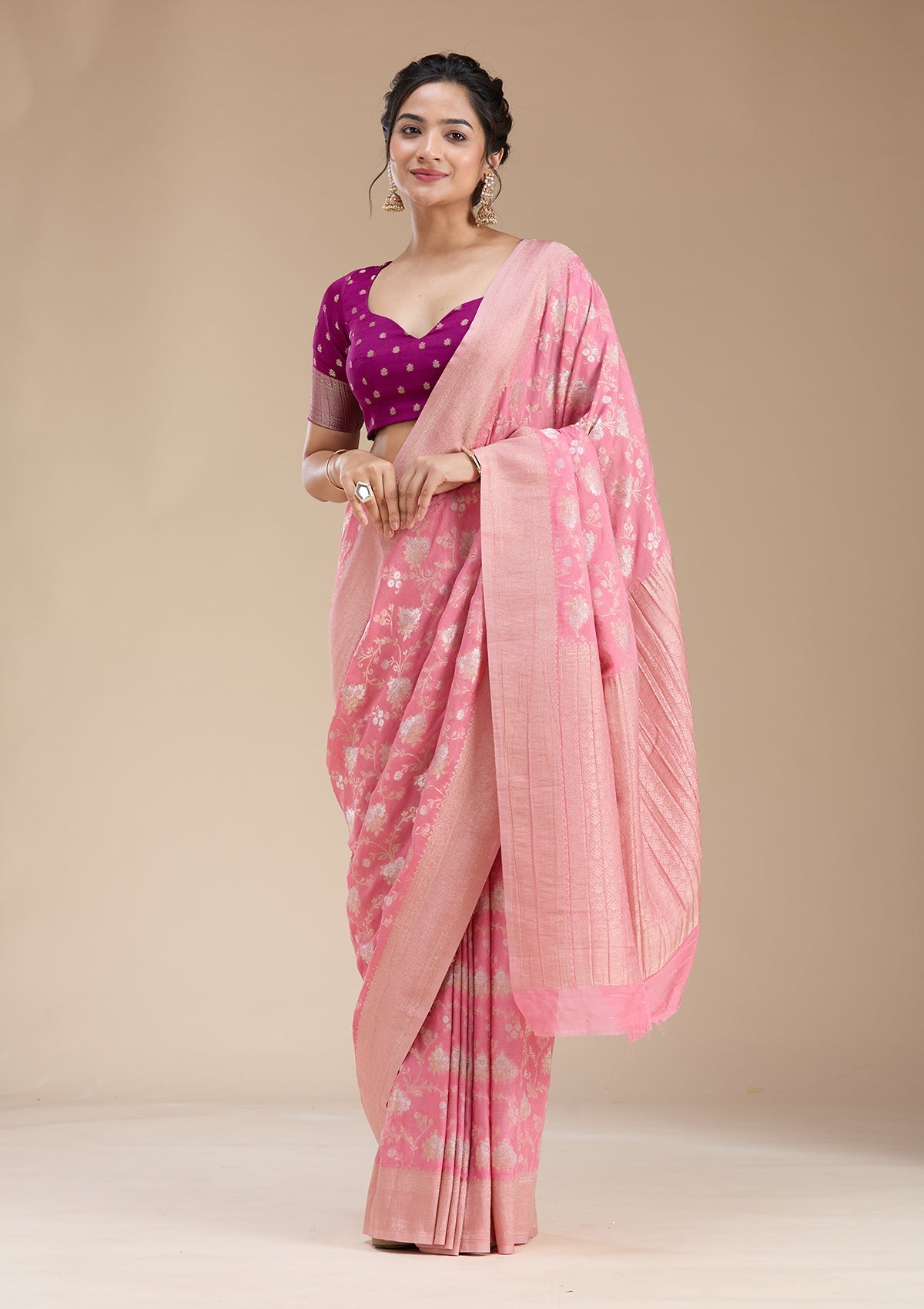 Pink Zariwork (Gold) Georgette Silk Saree-koskii