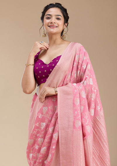Pink Zariwork (Gold) Georgette Silk Saree-koskii