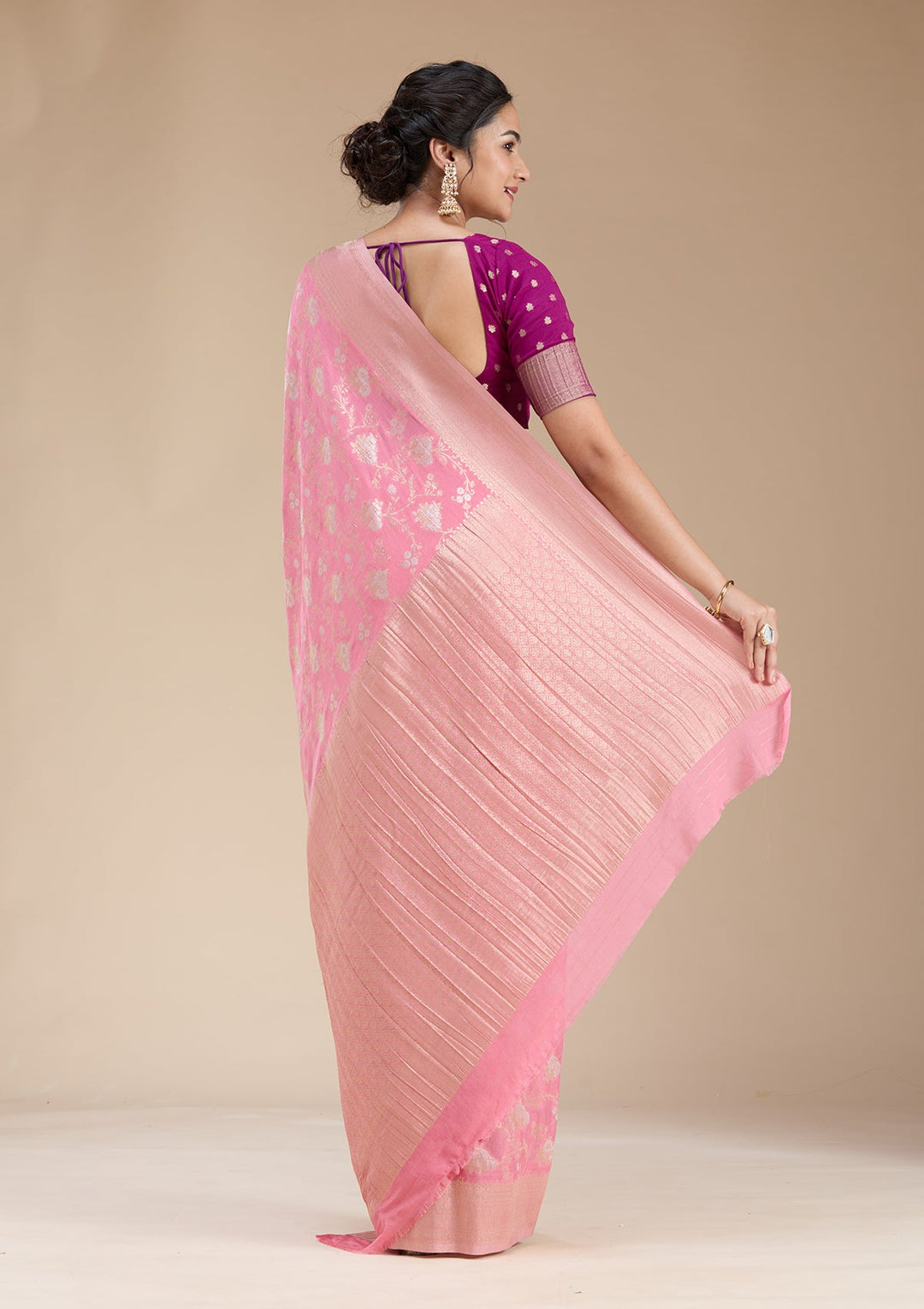 Pink Zariwork (Gold) Georgette Silk Saree-koskii