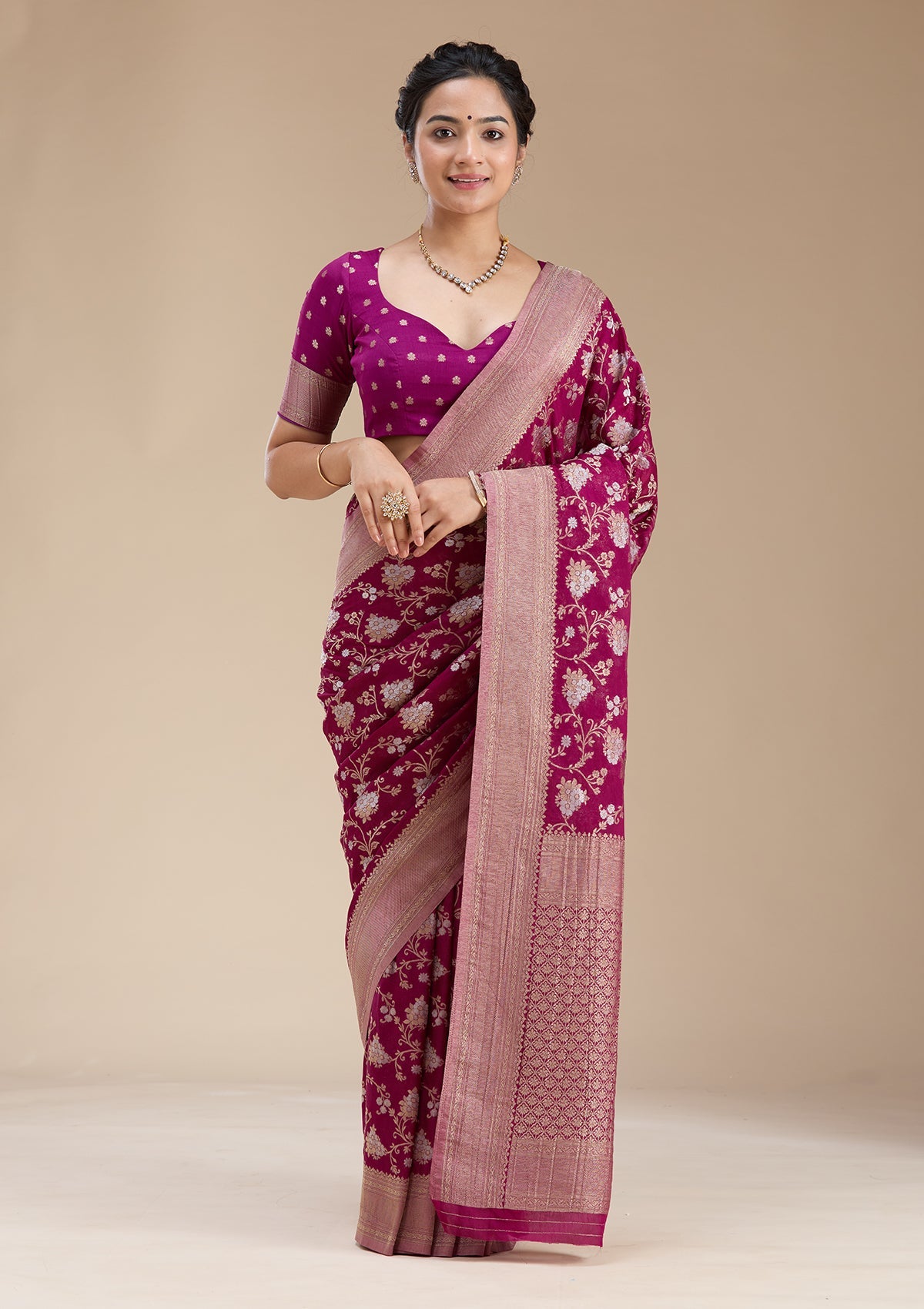 Wine Zariwork (Gold) Georgette Silk Saree-koskii