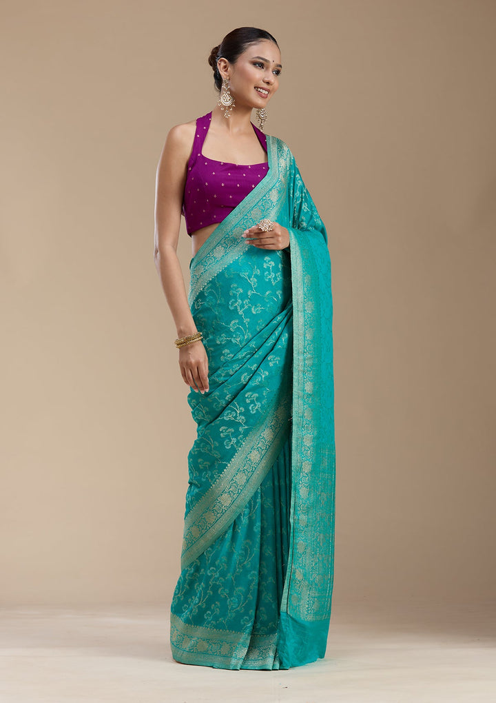 Rama Green Zariwork (Gold) Georgette Silk_Saree-koskii