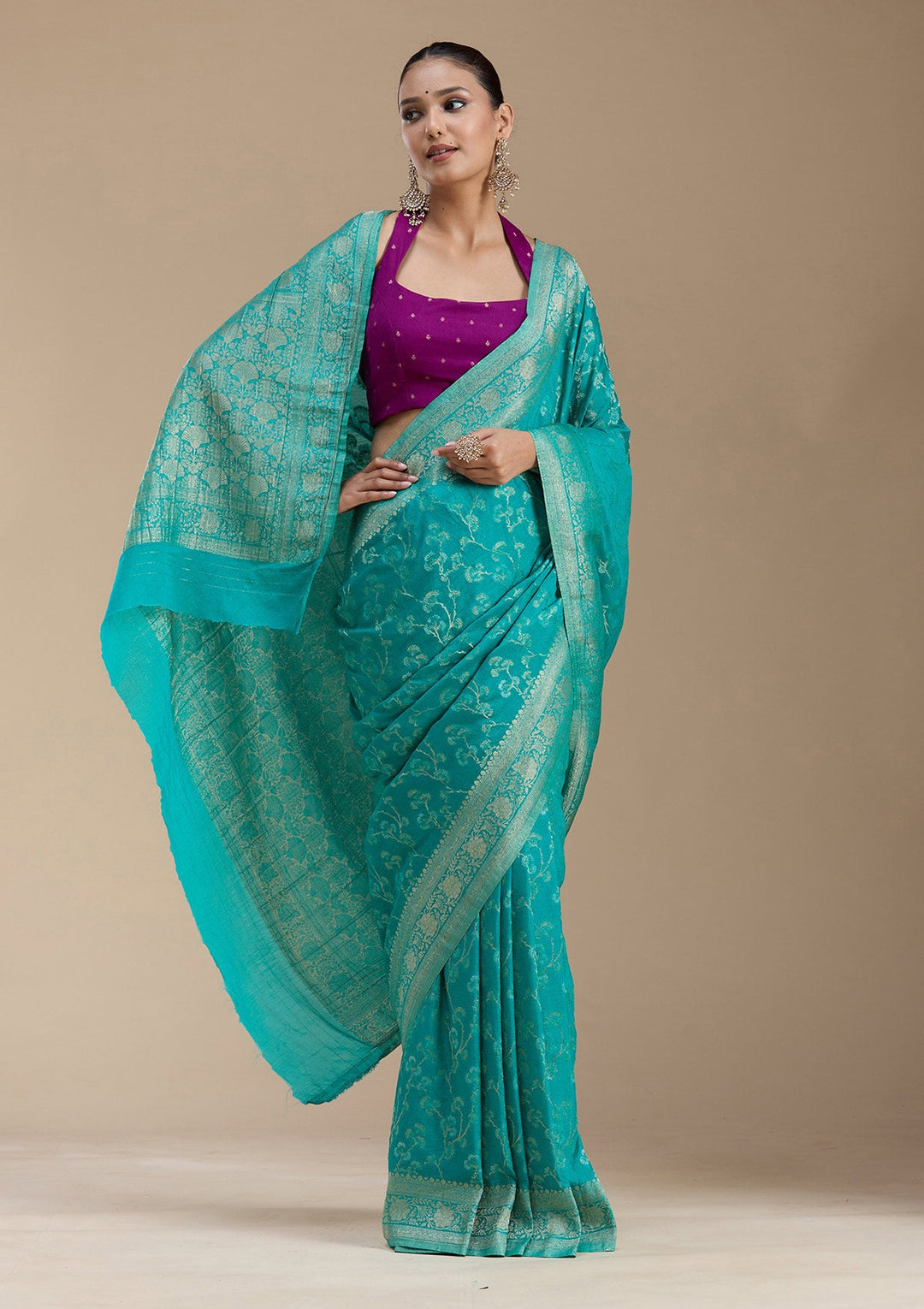 Rama Green Zariwork (Gold) Georgette Silk_Saree-koskii