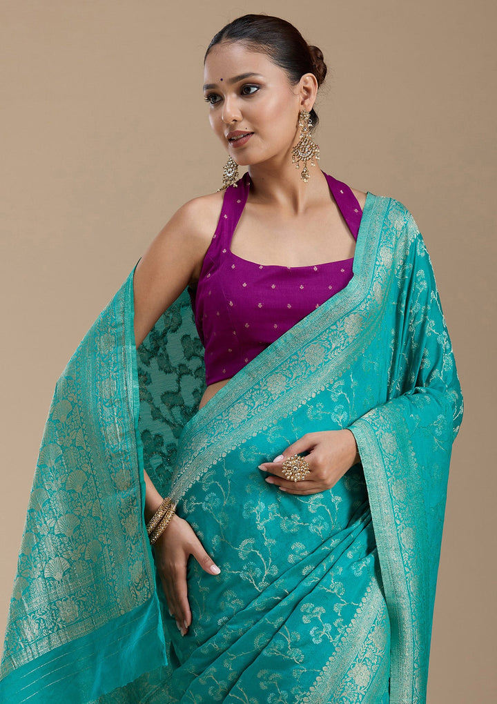 Rama Green Zariwork (Gold) Georgette Silk_Saree-koskii