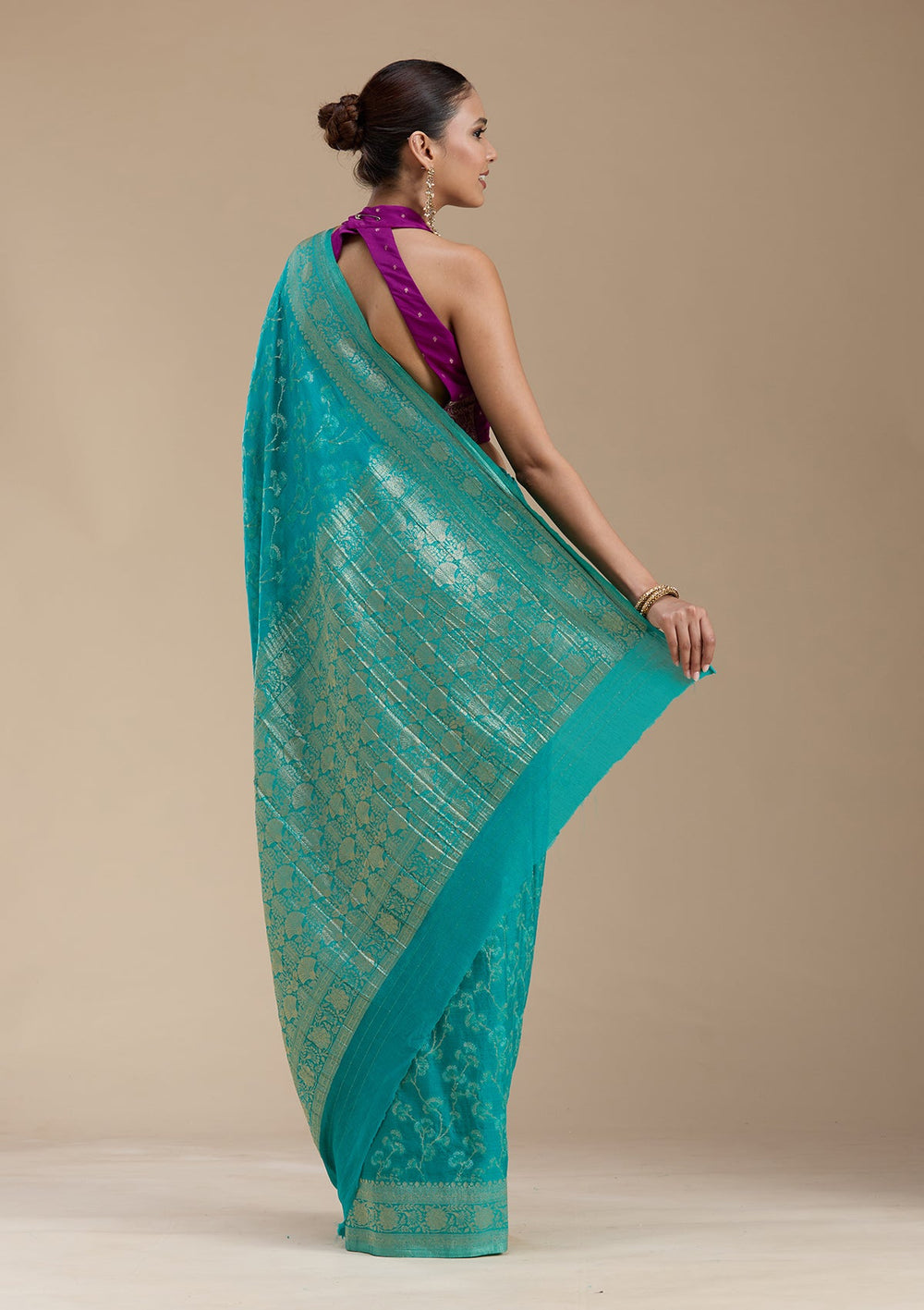 Rama Green Zariwork (Gold) Georgette Silk_Saree-koskii