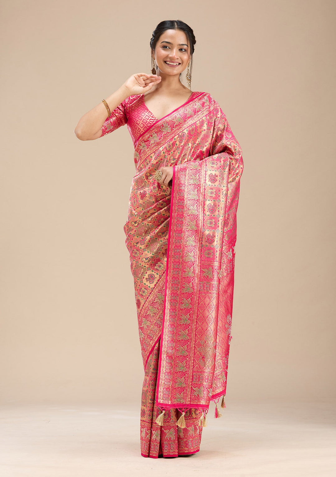 Rani Pink Stonework Silk Saree-Koskii