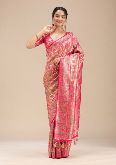 Rani Pink Stonework Silk Saree-Koskii