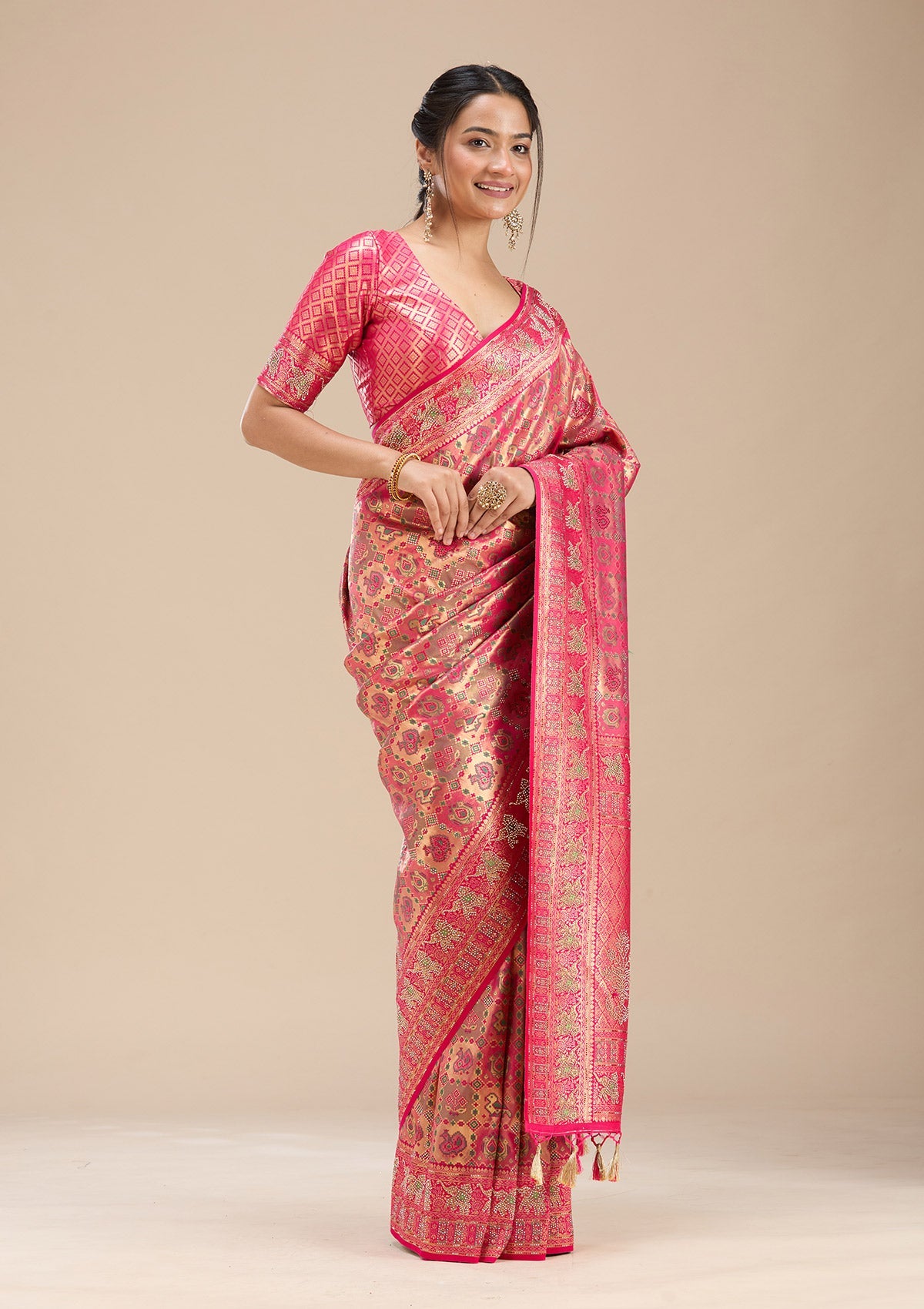 Rani Pink Stonework Silk Saree-Koskii