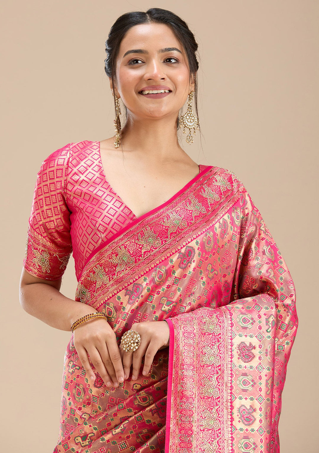 Rani Pink Stonework Silk Saree-Koskii
