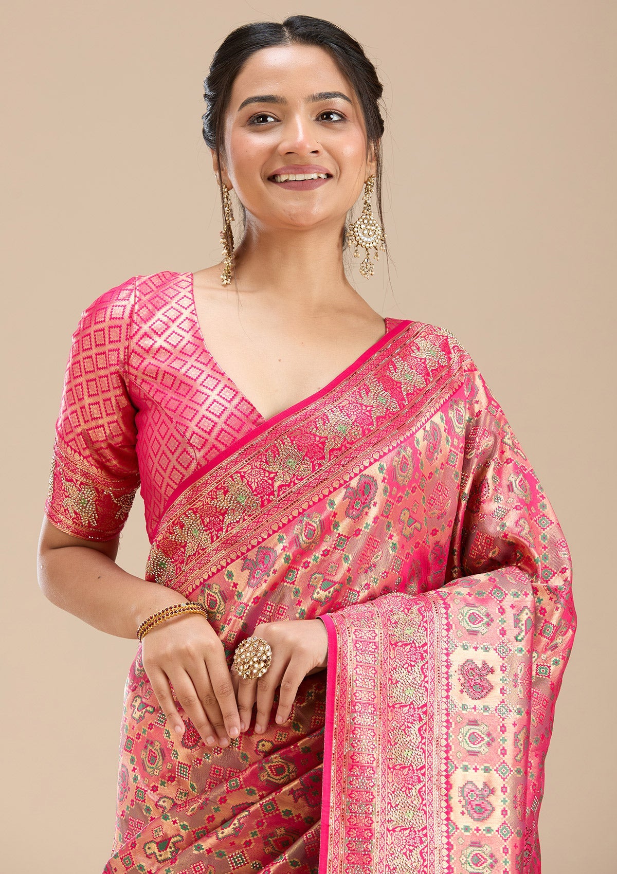Rani Pink Stonework Silk Saree-Koskii