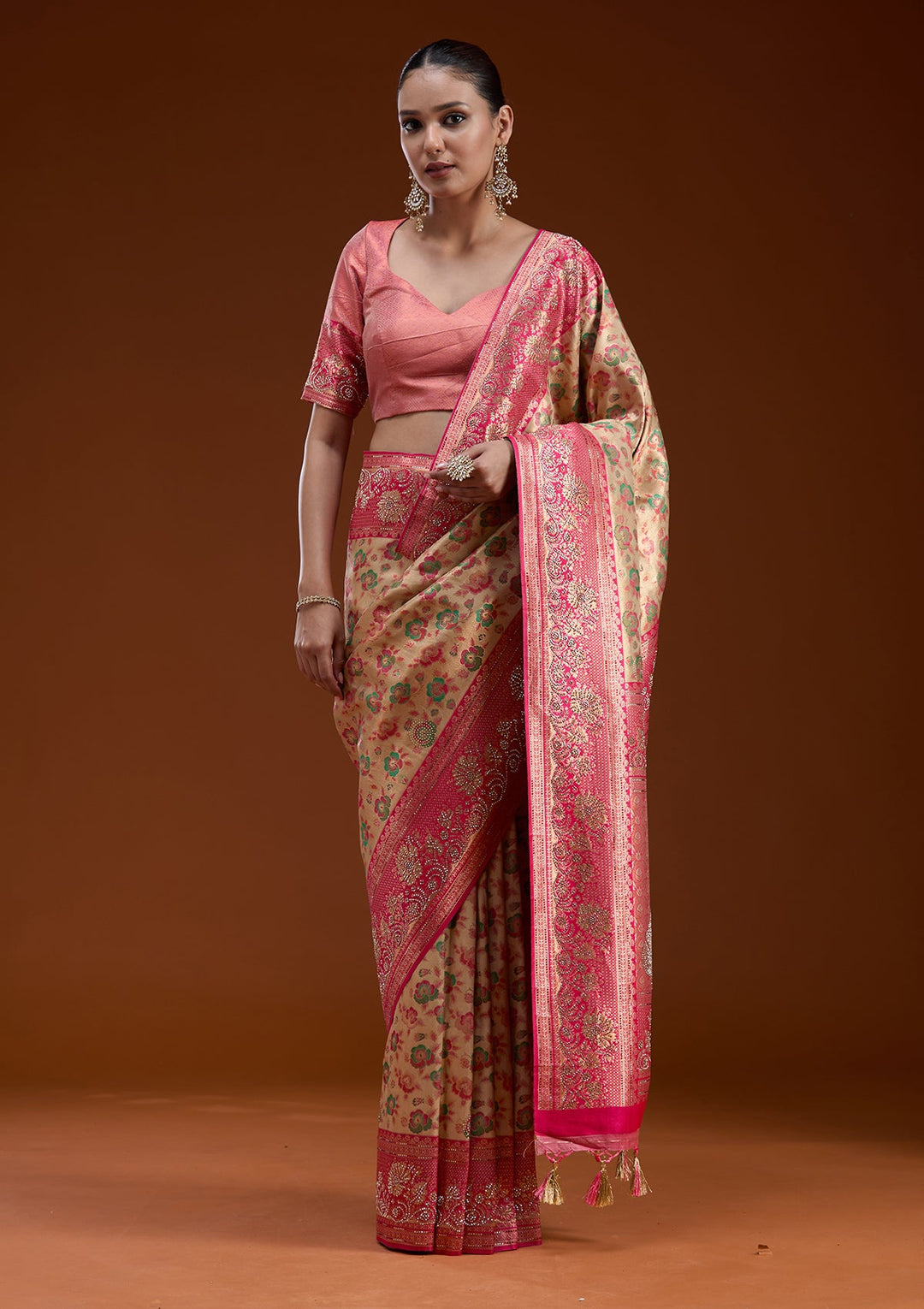 Beige Stonework Silk Silk_Saree-koskii