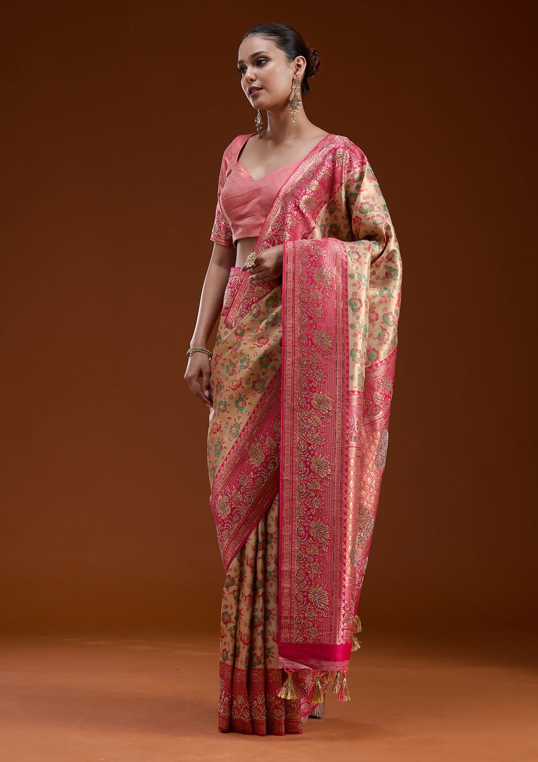 Beige Stonework Silk Silk_Saree-koskii